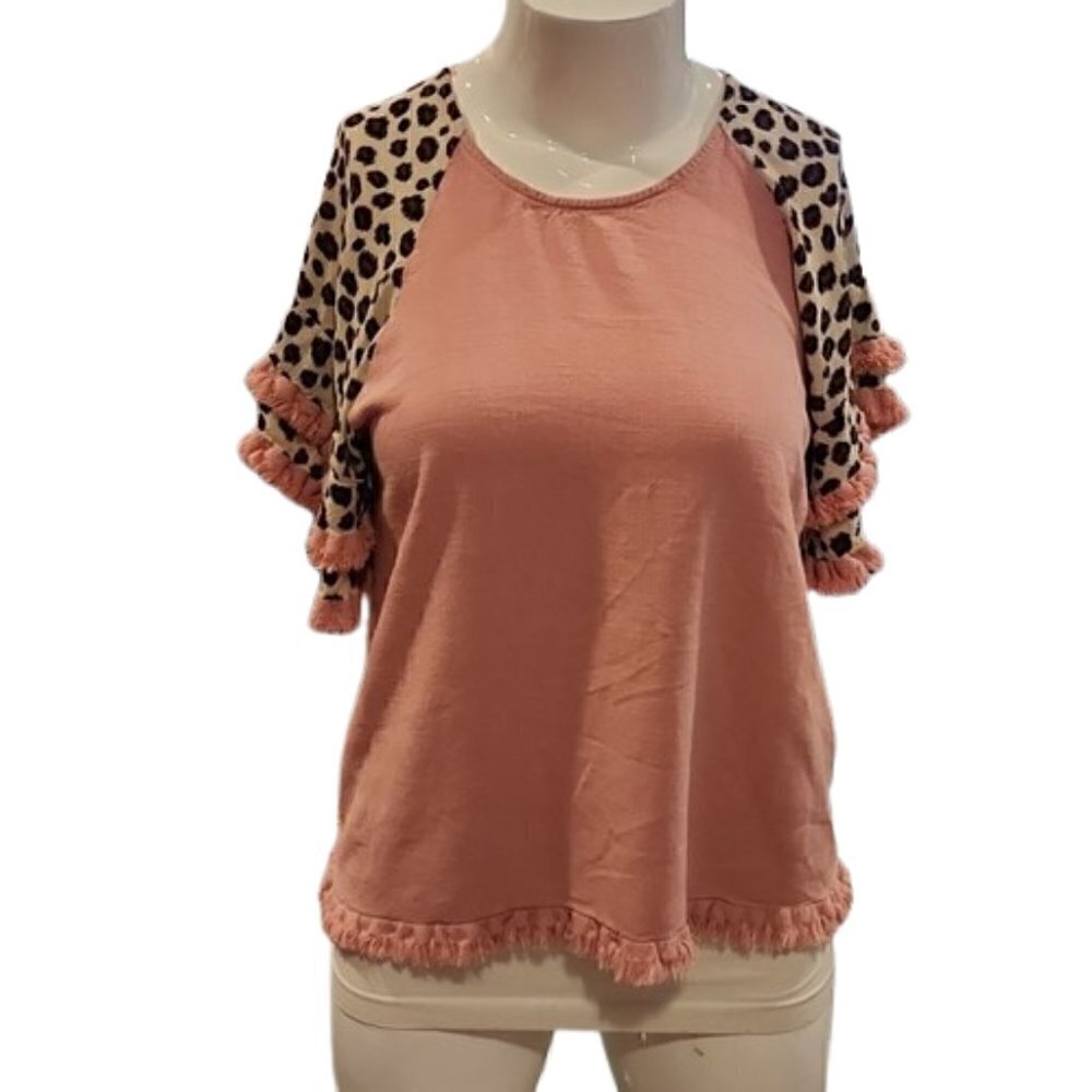 [Umgee] Pink Leopard Frayed Bell Sleeve Tunic - Size M - Picture 6 of 11